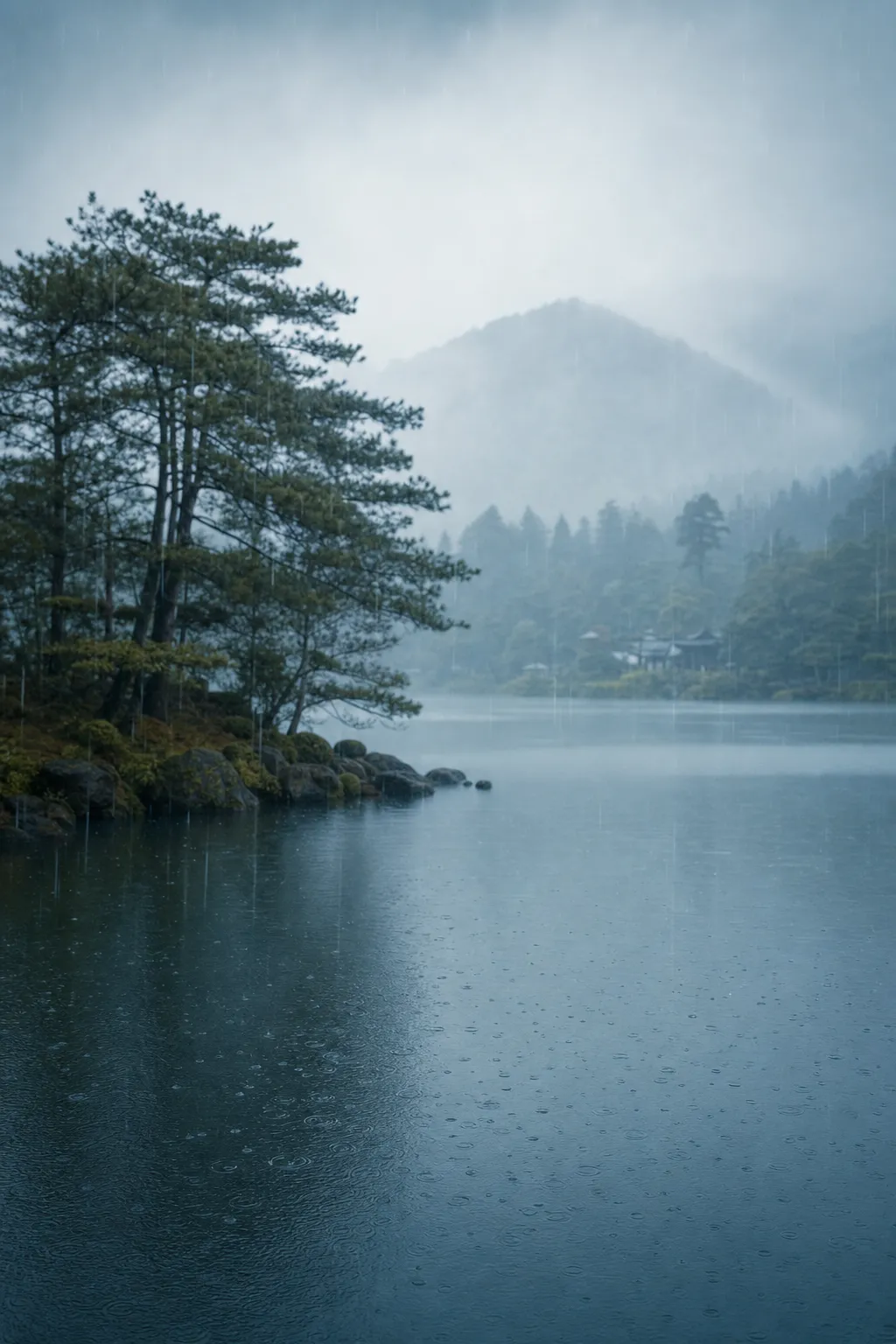にわか雨にけぶる山と湖、水面に落ちる雨の波紋